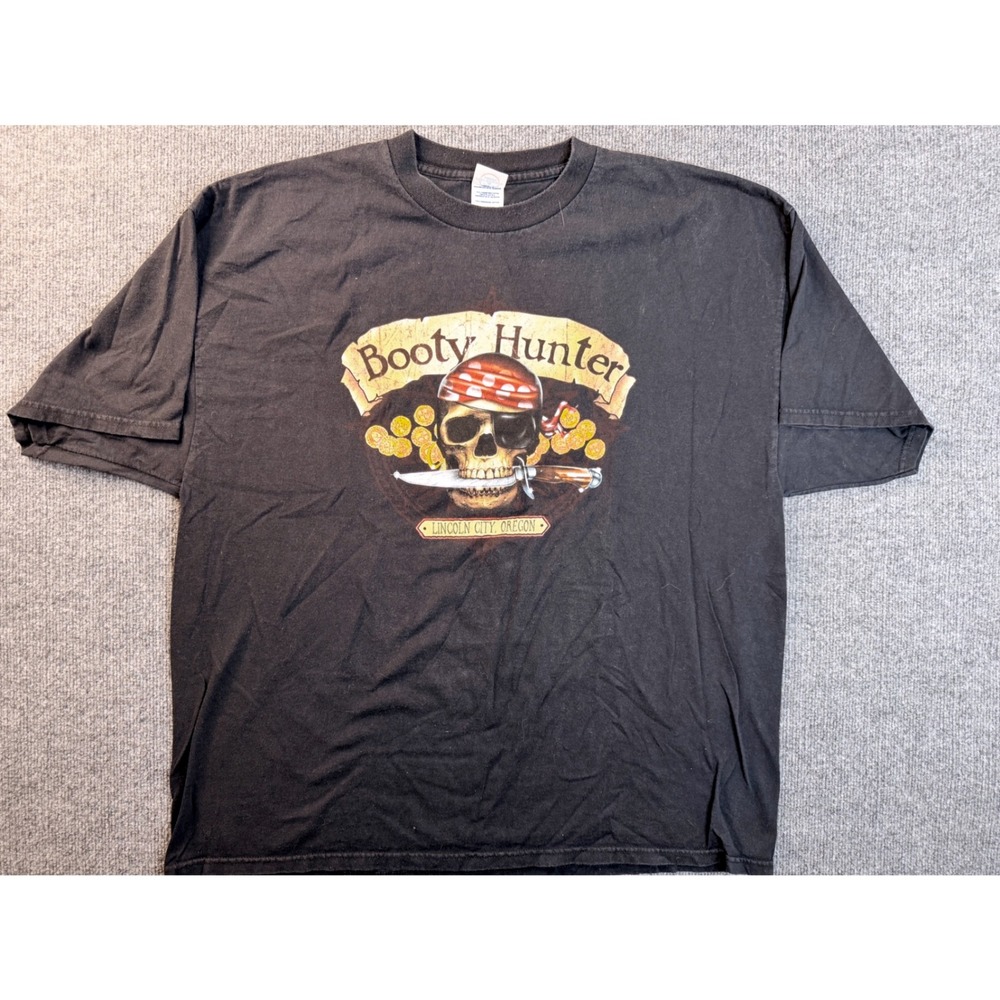 Delta Pro Weight Mens 2XL Black Booty Hunter Pirate Skull Graphic Tee Oregon Y2K